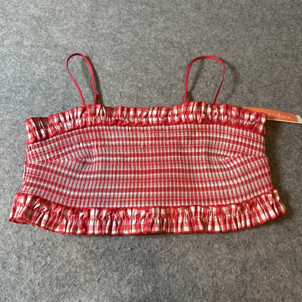 Colsie Red Gingham Smocked Ruffle Crop Top Cottagecore Women's Size XL